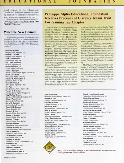 Pi Kappa Alpha Educational Foundation Receives Proceeds of Clarence Isham Trust for Gamma Tau Chapter